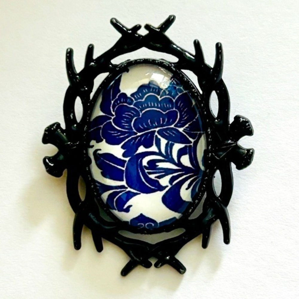 White and Blue Floral Print Vintage Style Brooch, Handmade, NWT